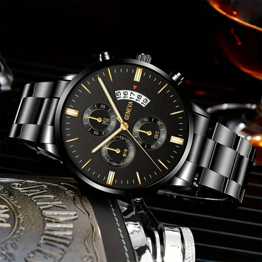 Men's Steel Band Watch Luminous Pointer Calendar Stone Hand English Watch Men's Advanced Sense Business Watch