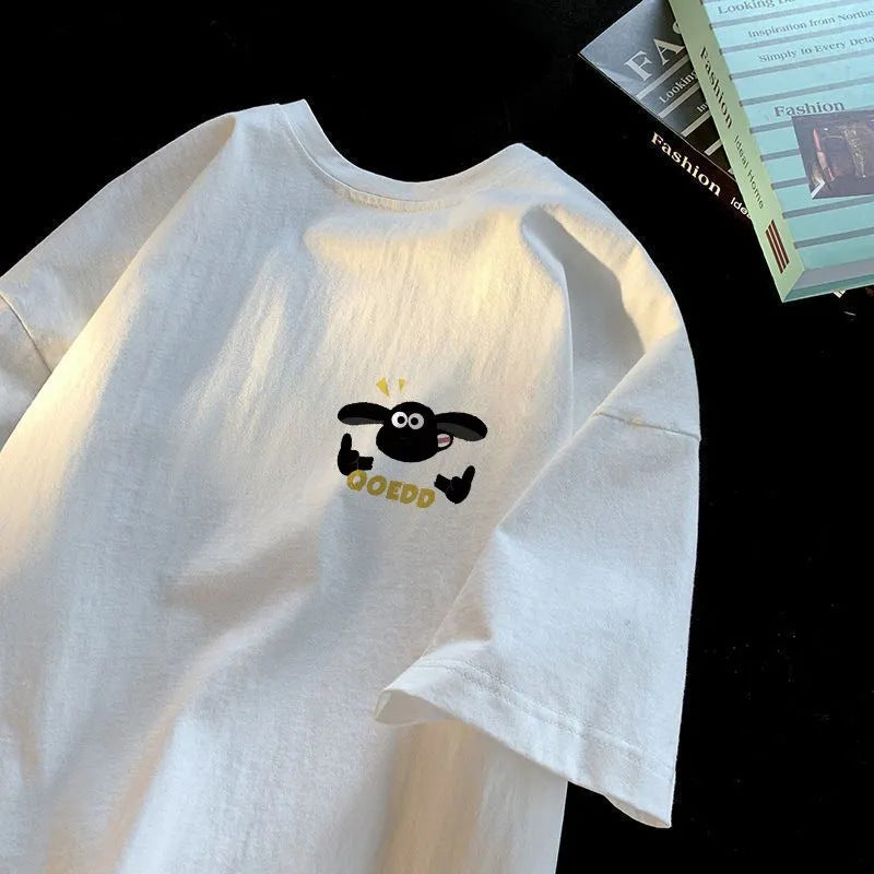 Pure cotton American-style loose-fitting white t-shirt