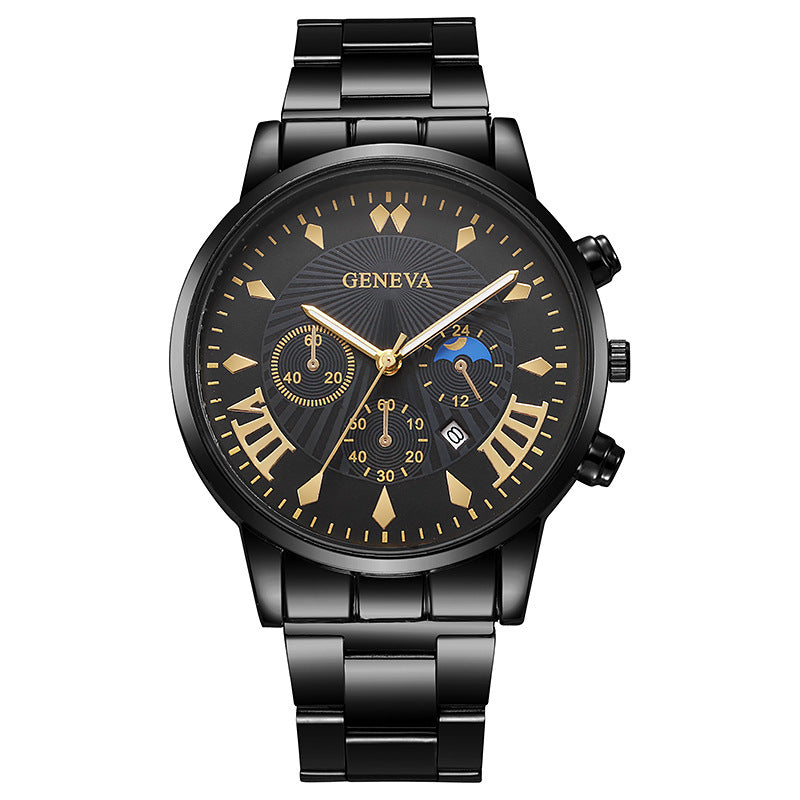 Men's Steel Band Watch Luminous Pointer Calendar Stone Hand English Watch Men's Advanced Sense Business Watch