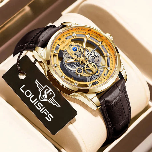Double-sided skeletonized men's quartz watch