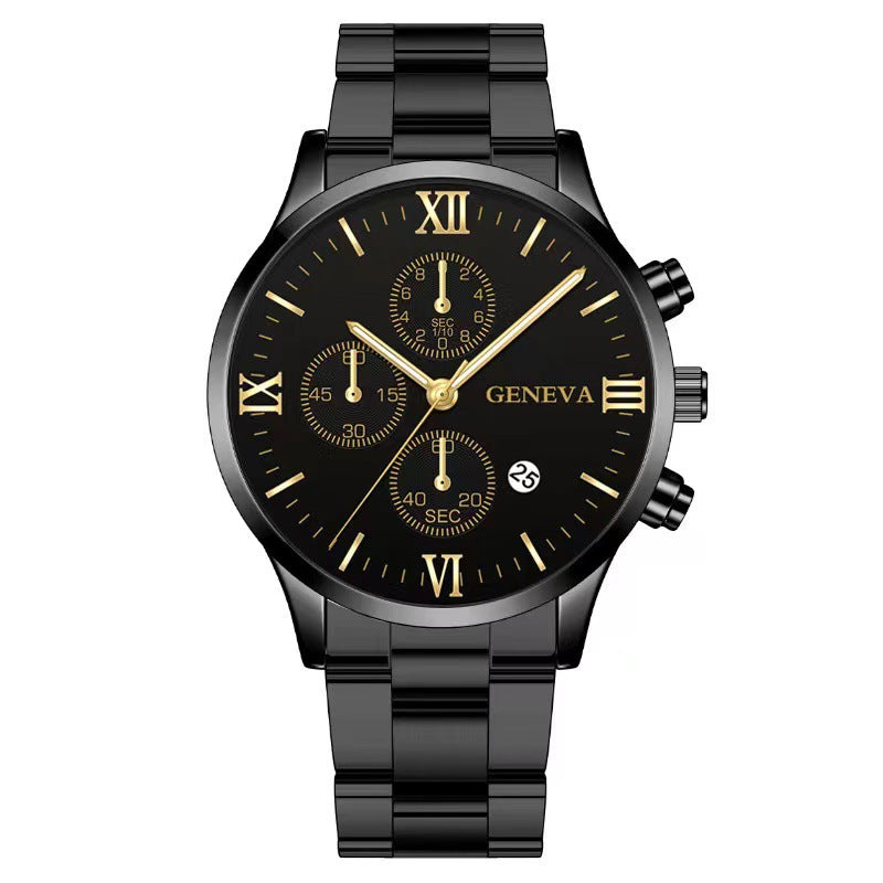 Men's Steel Band Watch Luminous Pointer Calendar Stone Hand English Watch Men's Advanced Sense Business Watch