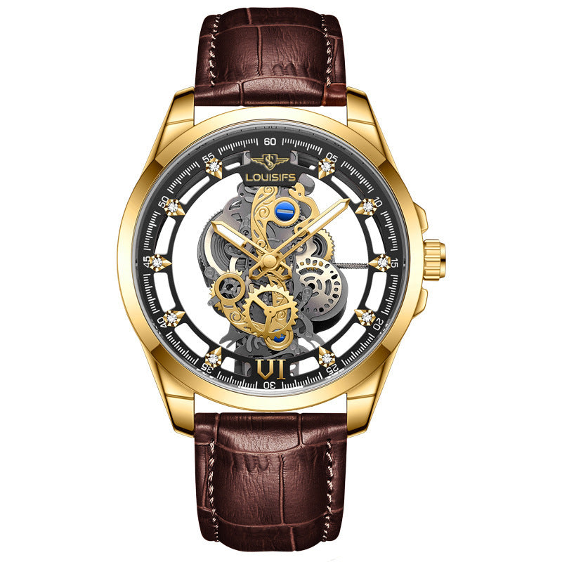 Double-sided skeletonized men's quartz watch