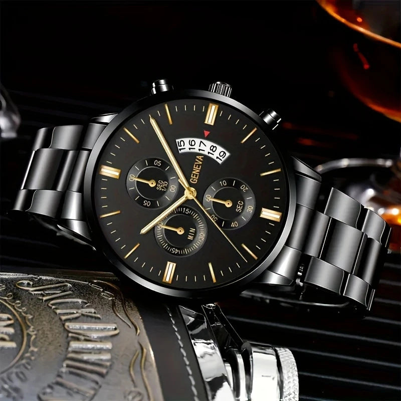 Men's Steel Band Watch Luminous Pointer Calendar Stone Hand English Watch Men's Advanced Sense Business Watch