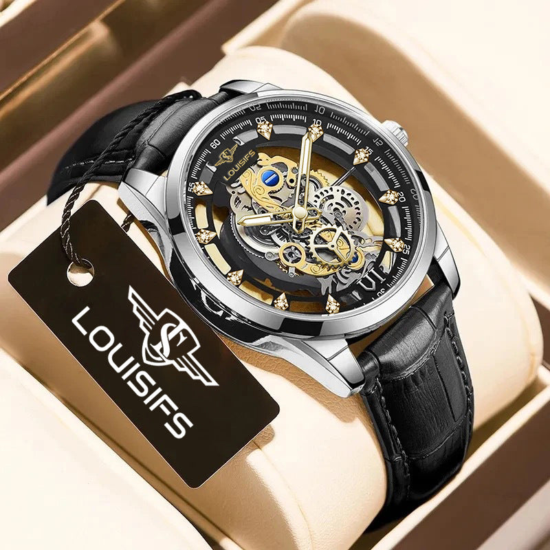 Double-sided skeletonized men's quartz watch