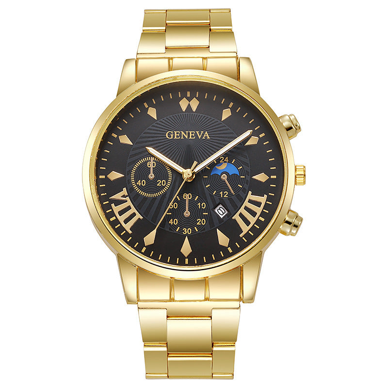 Men's Steel Band Watch Luminous Pointer Calendar Stone Hand English Watch Men's Advanced Sense Business Watch