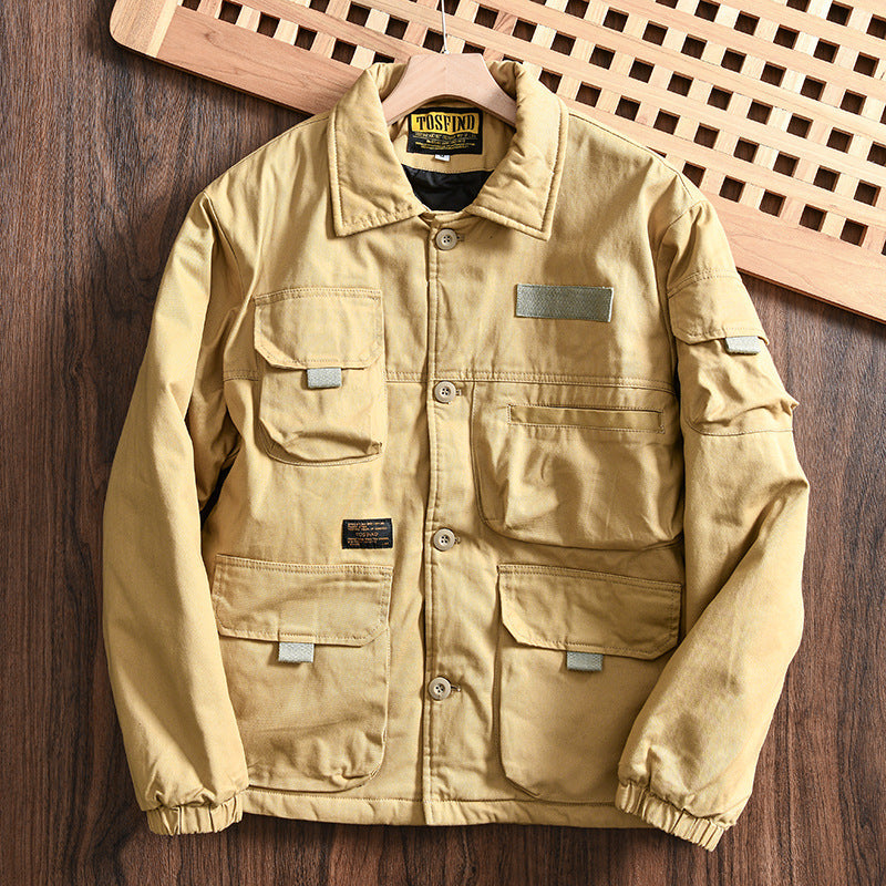 Fall Winter Men Multi-pocket Casual Polo Collar Cotton Coat Jacket Coat