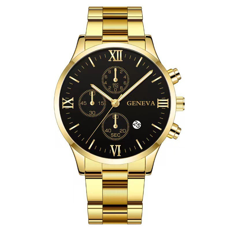 Men's Steel Band Watch Luminous Pointer Calendar Stone Hand English Watch Men's Advanced Sense Business Watch